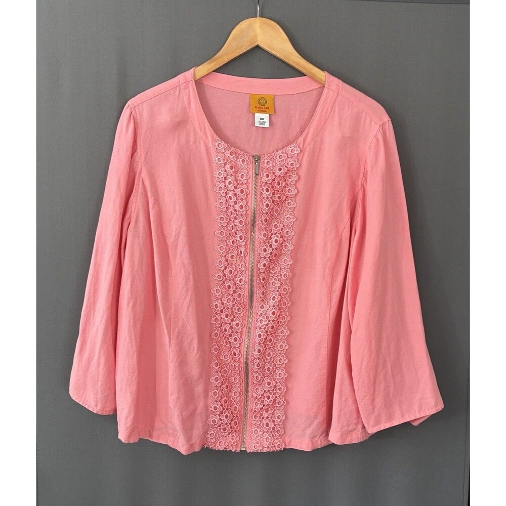 Ruby Rd Linen Blend Swing Jacket Blazer Sz 16W Salmon Pink Lace Front Full Zip